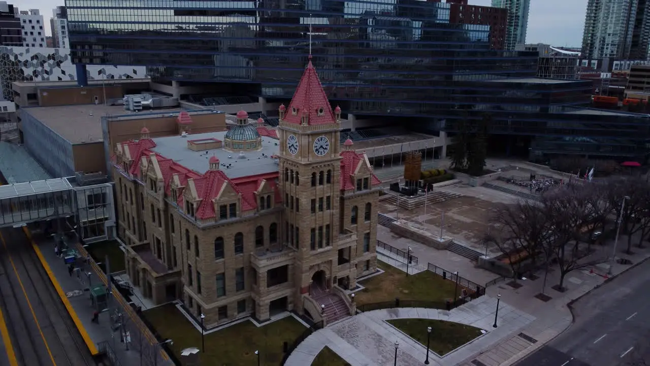 Aerial shot moving down of Calgary City Hall