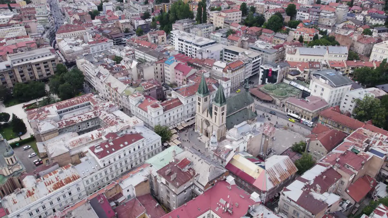 Sacred heart Cathedral in urban city Sarajevo Bosnia and Herzegovina aerial