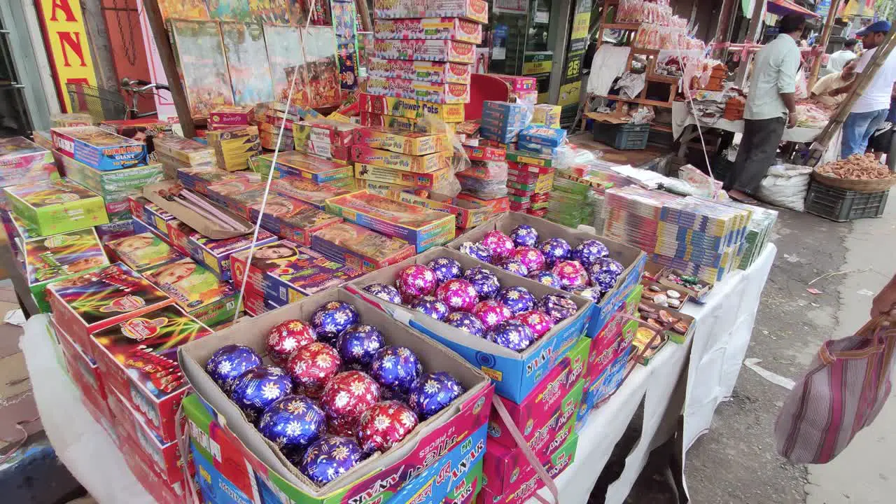 Fire crackers for Diwali and new year being sold outside in Indian market