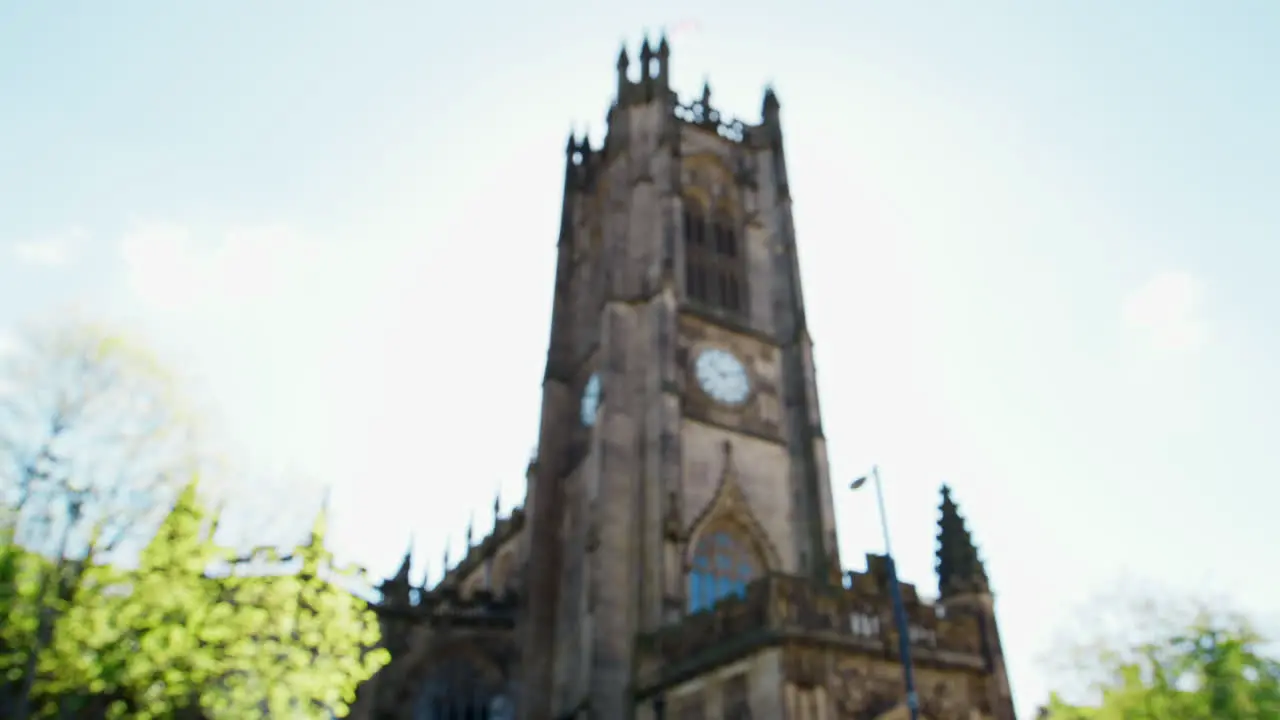 Manchester UK 4 May 2017 Pull Focus Shot Of Manchester Cathedral Exterior