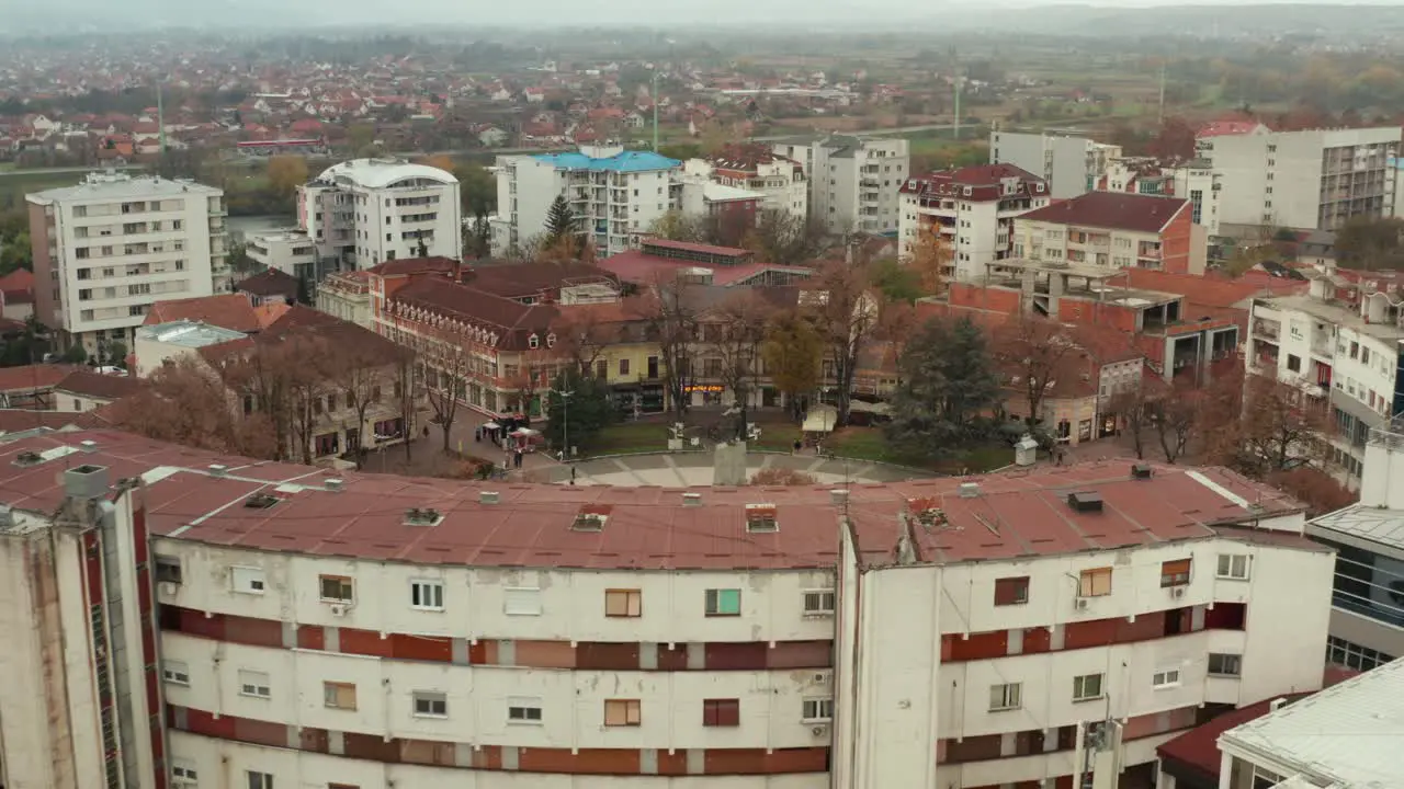 Buildings Around Central Square In Kraljevo Serbia With Monument To A Serbian Soldier In The Middle