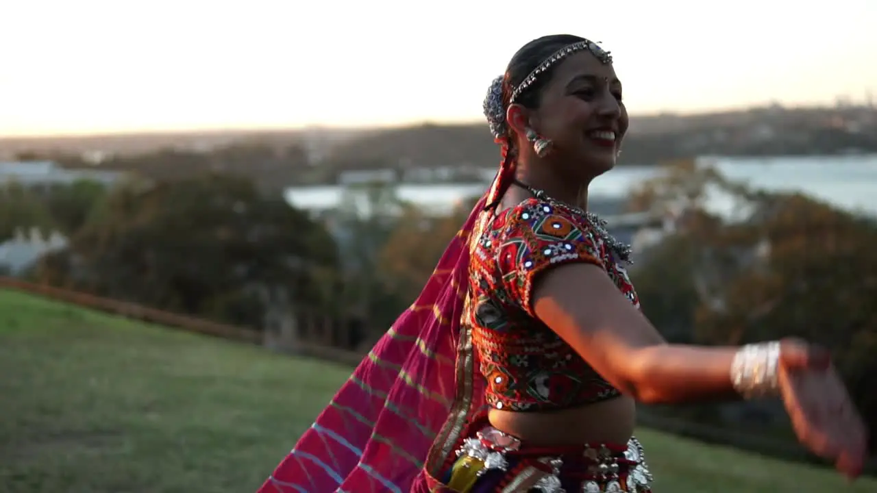 South Asian Woman In Indian Costume Performing Cultural Indian Dance Outdoor In Sydney Australia