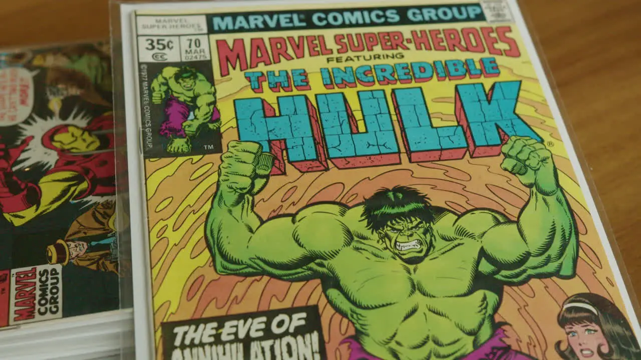 Close Up Tilt Down of a The Incredible Hulk Comic Book