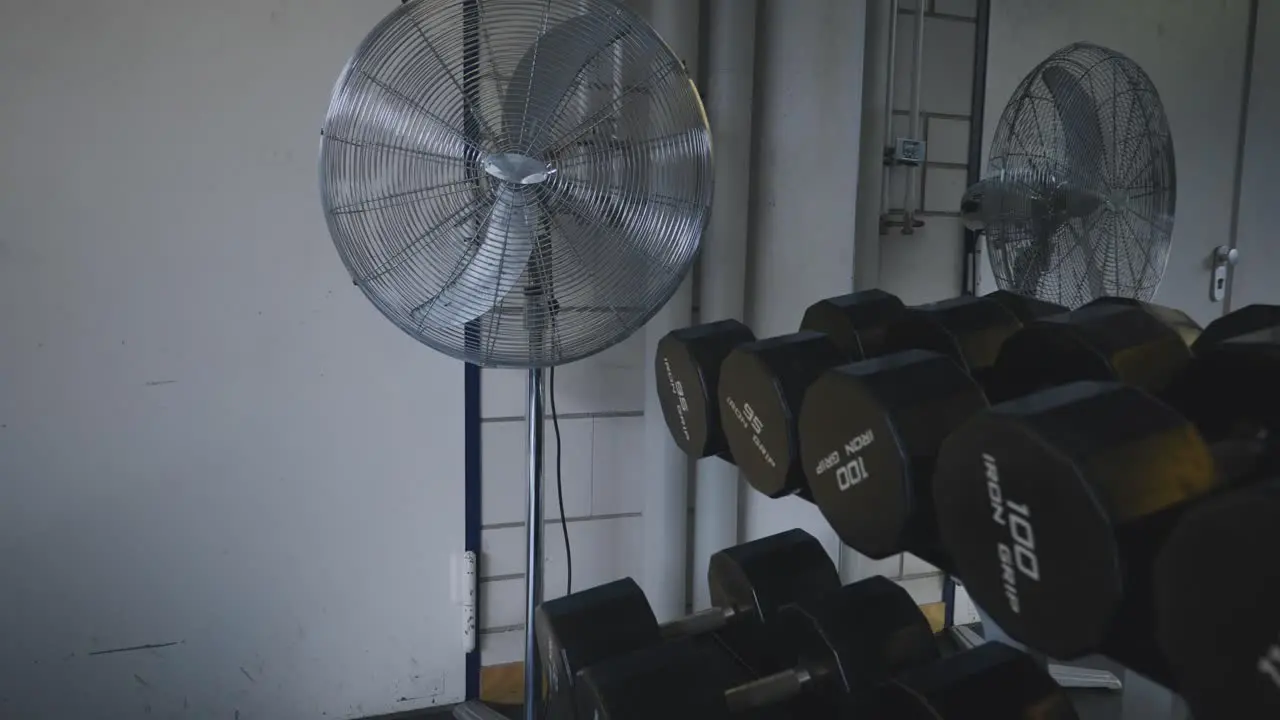 Lifting Dumbbells on Weight Rack near Gym Fan in 4K