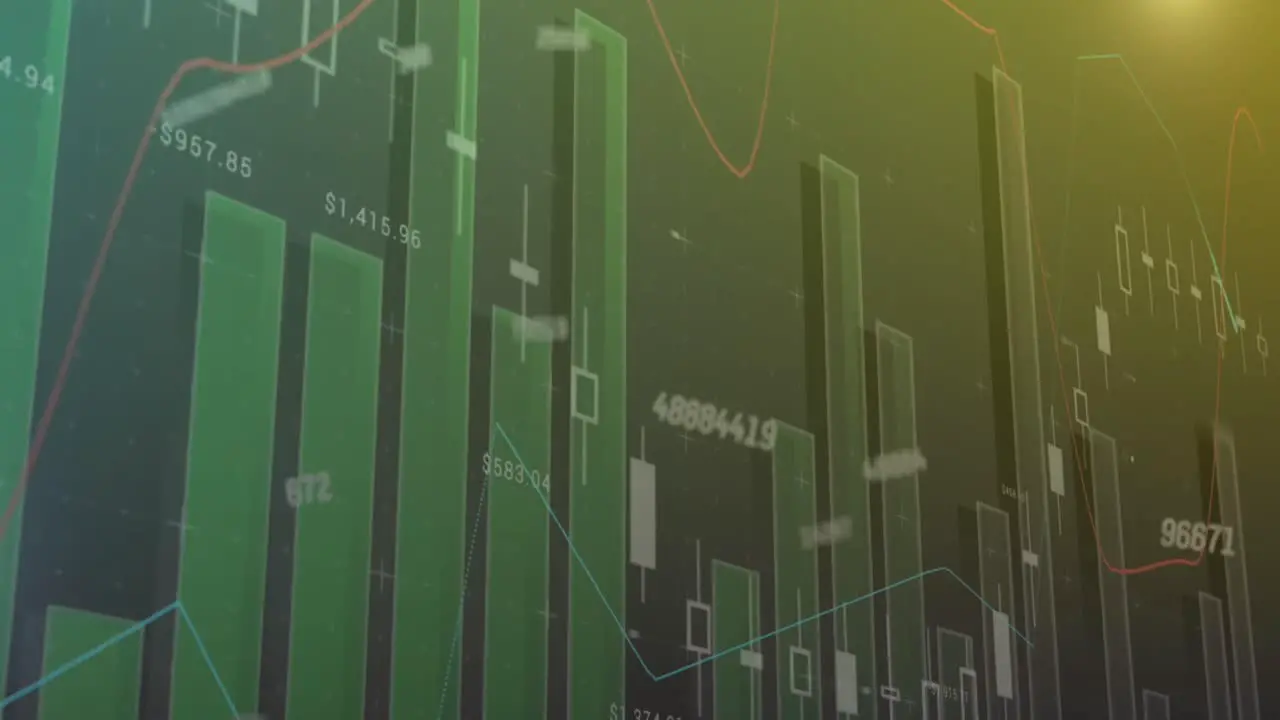 Animation of changing numbers over multiple graphs and lens flare against abstract background