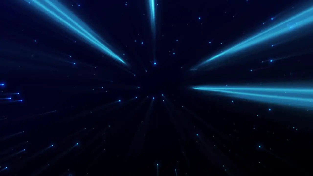 Animation of blue neon light trails and light spots over black background