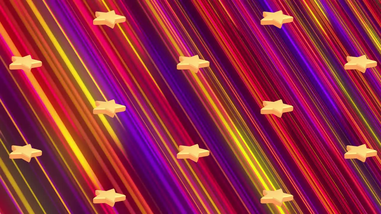 Animation of yellow star icons repeated over colourful light trails on black background