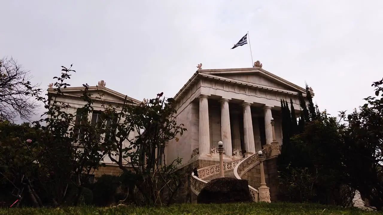 Static shot of National Library in Athens Greece on cloudy day