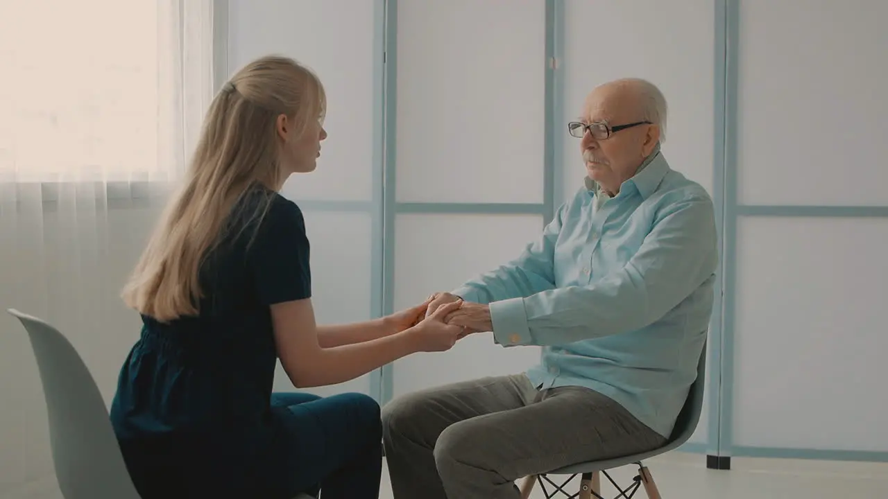 Young Caring Nurse Talking With Very Emotional Elderly Man In The Office Holding Hands