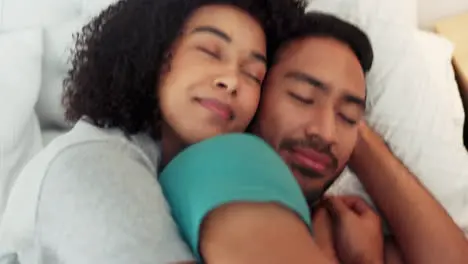 Love hug and relax couple sleep in bed together