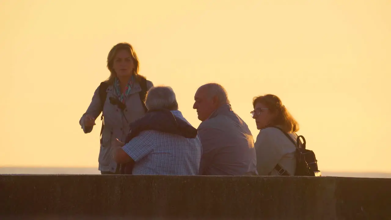 Group of old senior friends sitting ocean beach golden sunset