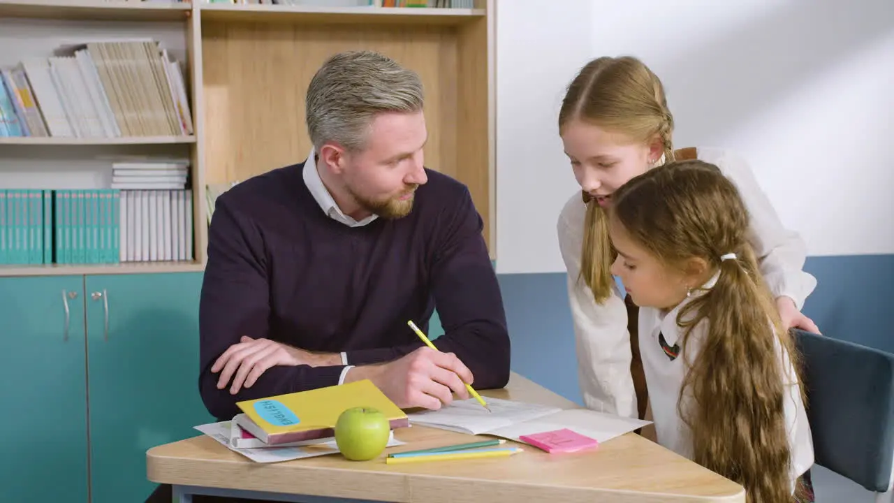 Lehrer Sitzt Am Schreibtisch Und Löst Zweifel An Zwei Studentinnen Im Englischen Klassenzimmer 1