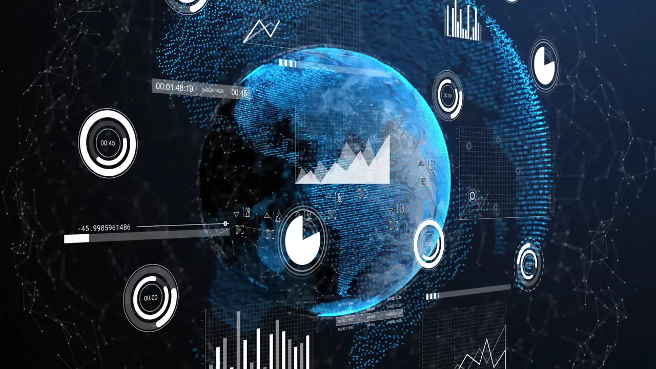 Animation of multiple graphs over connected dots around globes against abstract background