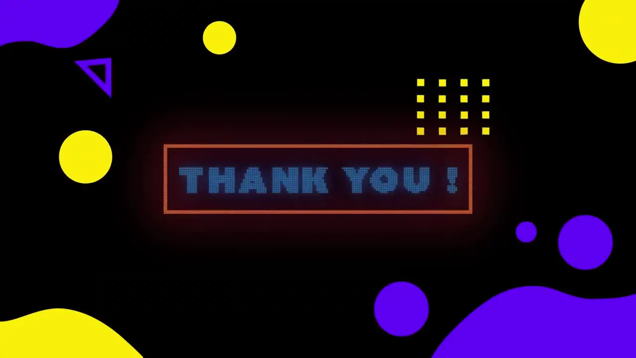 Animation of neon thank you text banner over yellow and blue abstract shapes on black background