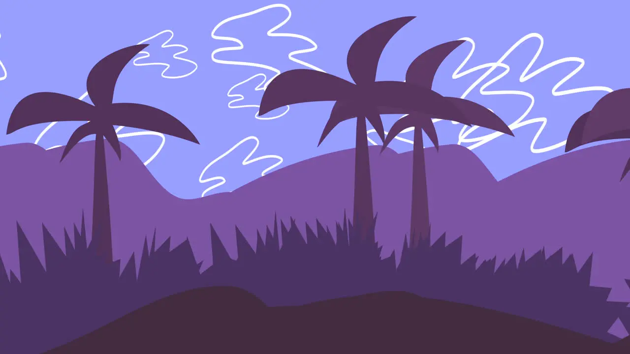 Cartoon animation background with palms in mountain abstract backdrop