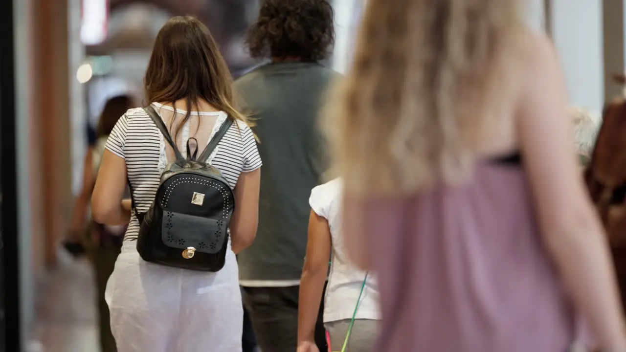 Slow motion scene with close up of tourists walking away from camera