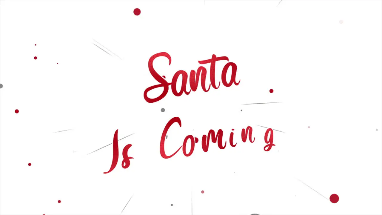 Animated closeup Santa is Coming text and fly red confetti on holiday background