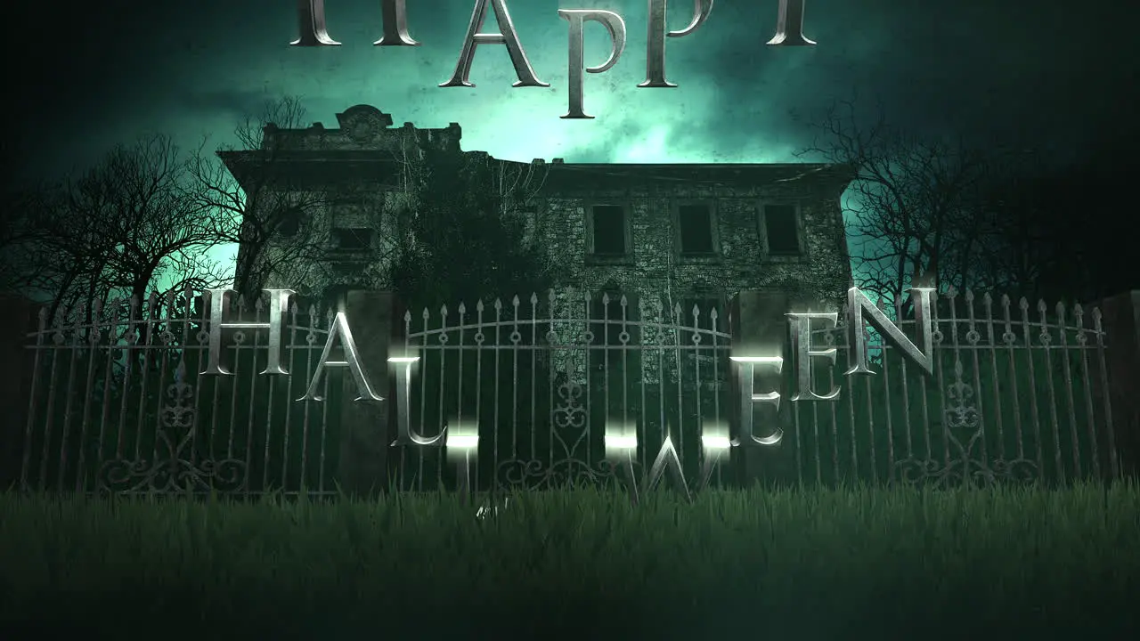 Animation text Happy Halloween and mystical horror background with the house and moon 1