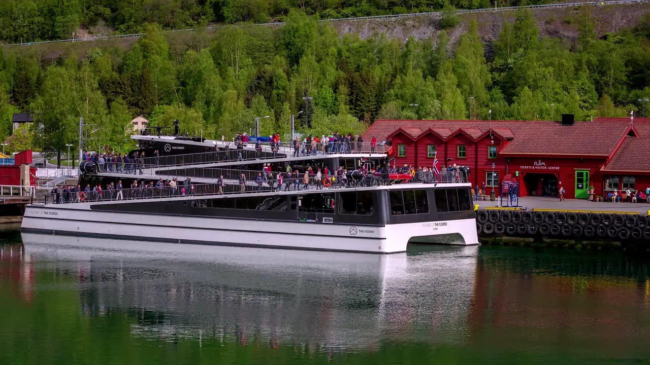 People boarding modern ferry in Norway fusion time lapse