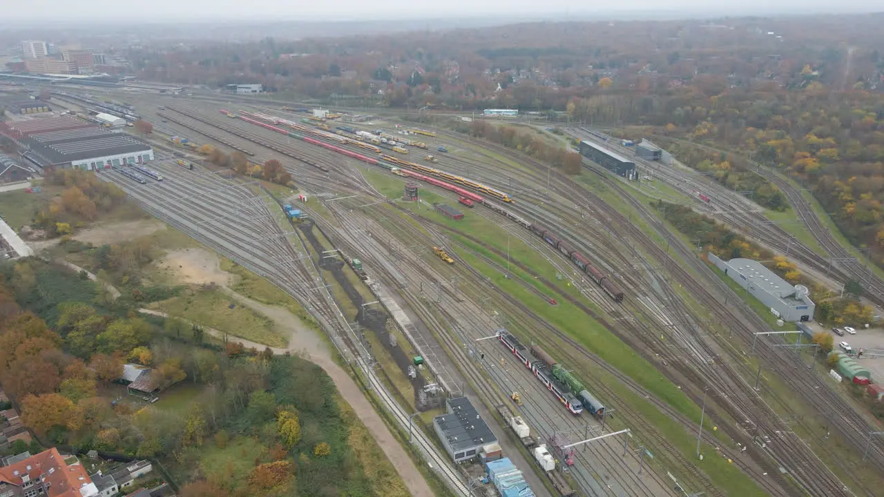 Beautiful Aerial of parked trains near station in autumn