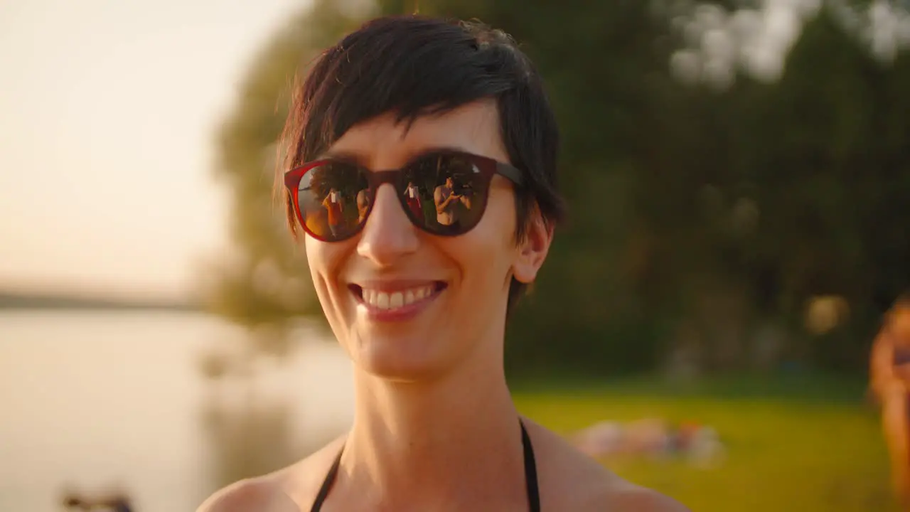 Summer girl smiling on the beach in slow motion stock video