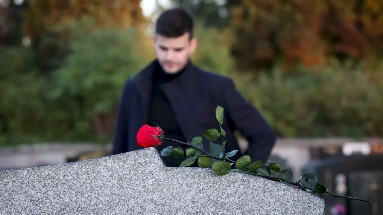 Young man at the cemetary with a flower