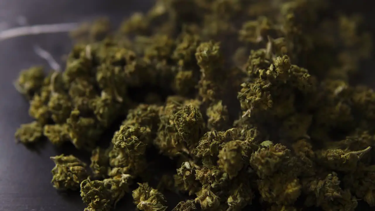 Cannabis flowers of cbd and thc marijuana buds filmed from up close as the smoke drifts by