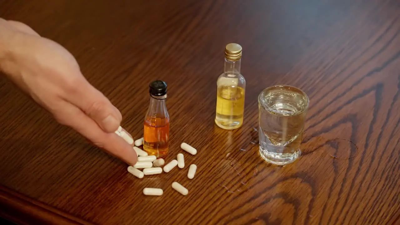 White pills falling from hand to wooden table with alcohol slow motion