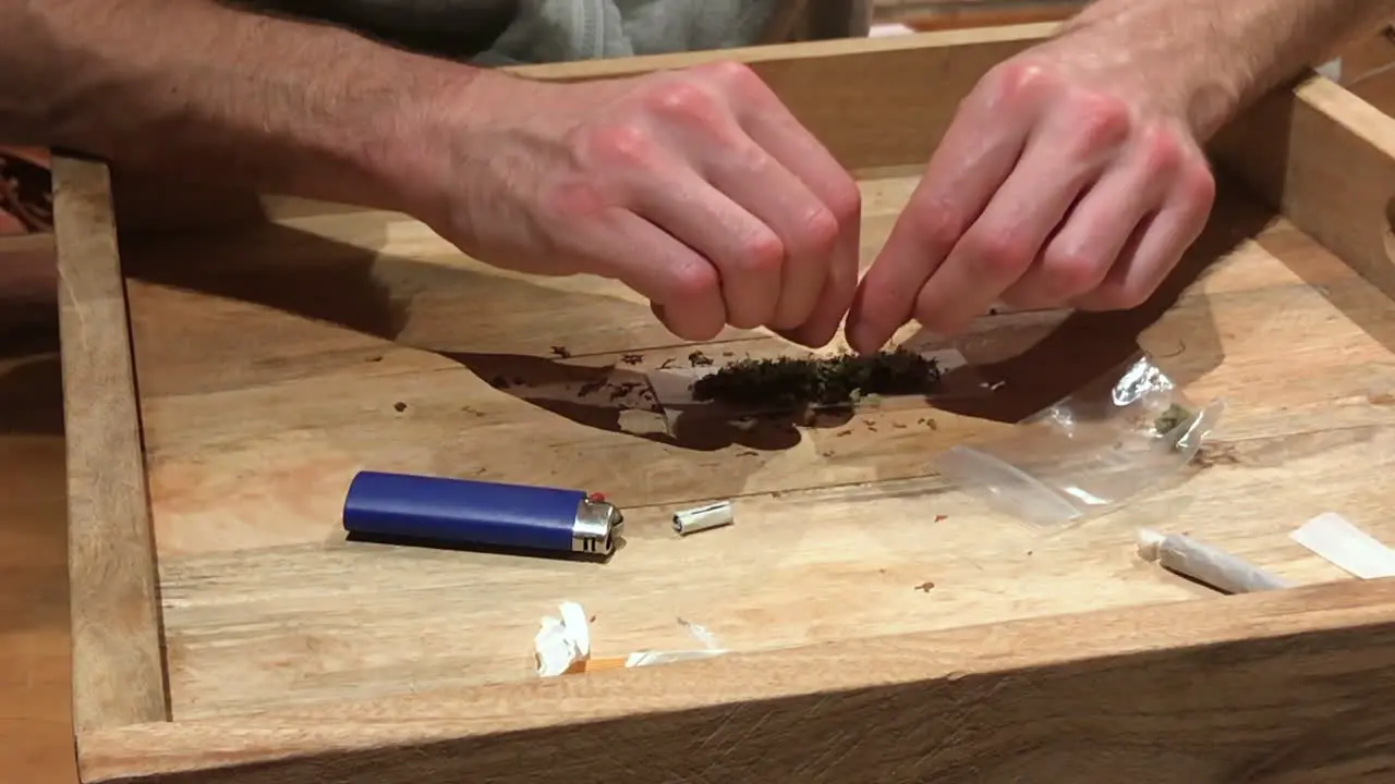 front view of a man adding marijuana with tobacco on a wooden tray at the comfort of his home