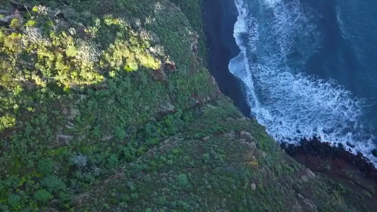 Drone ascent revealing a green cliff covered with tropical vegetation on a volcanic black sand beach