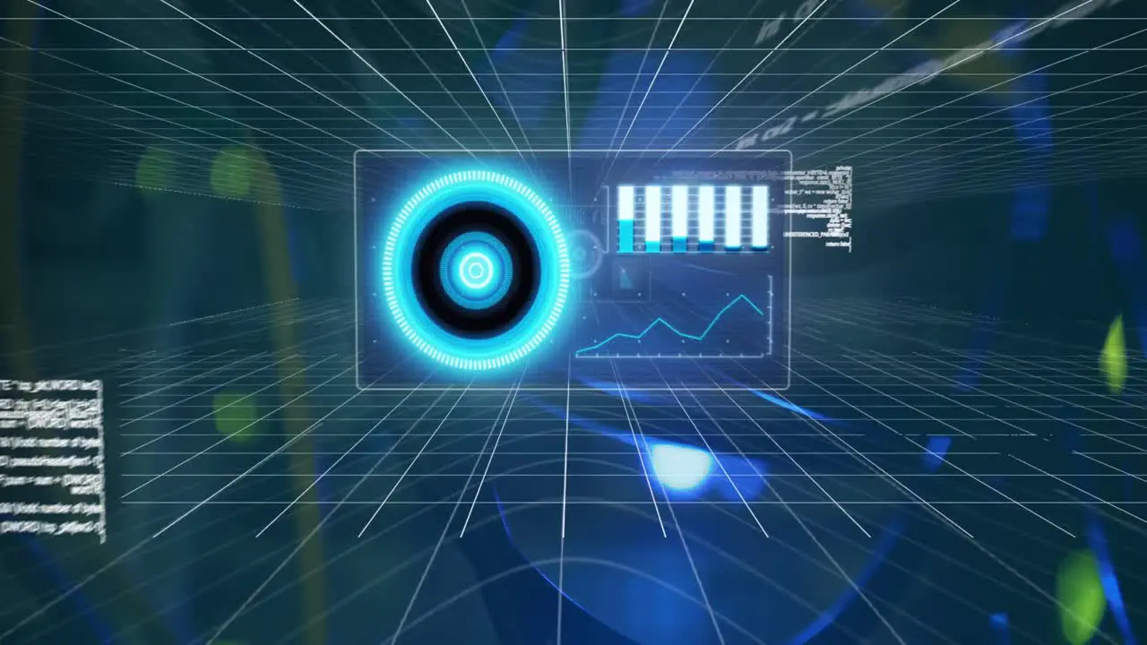 Animation of data processing on digital screens moving over digital space with wires