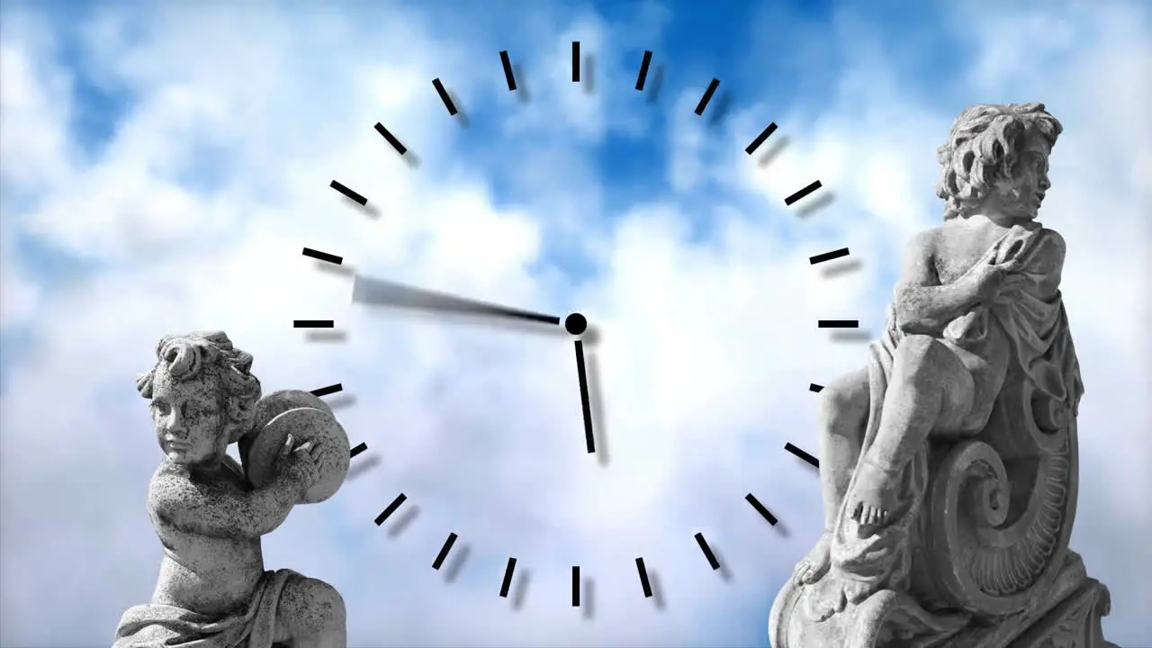 Animation of gray sculpture of cupids over clouds and clock