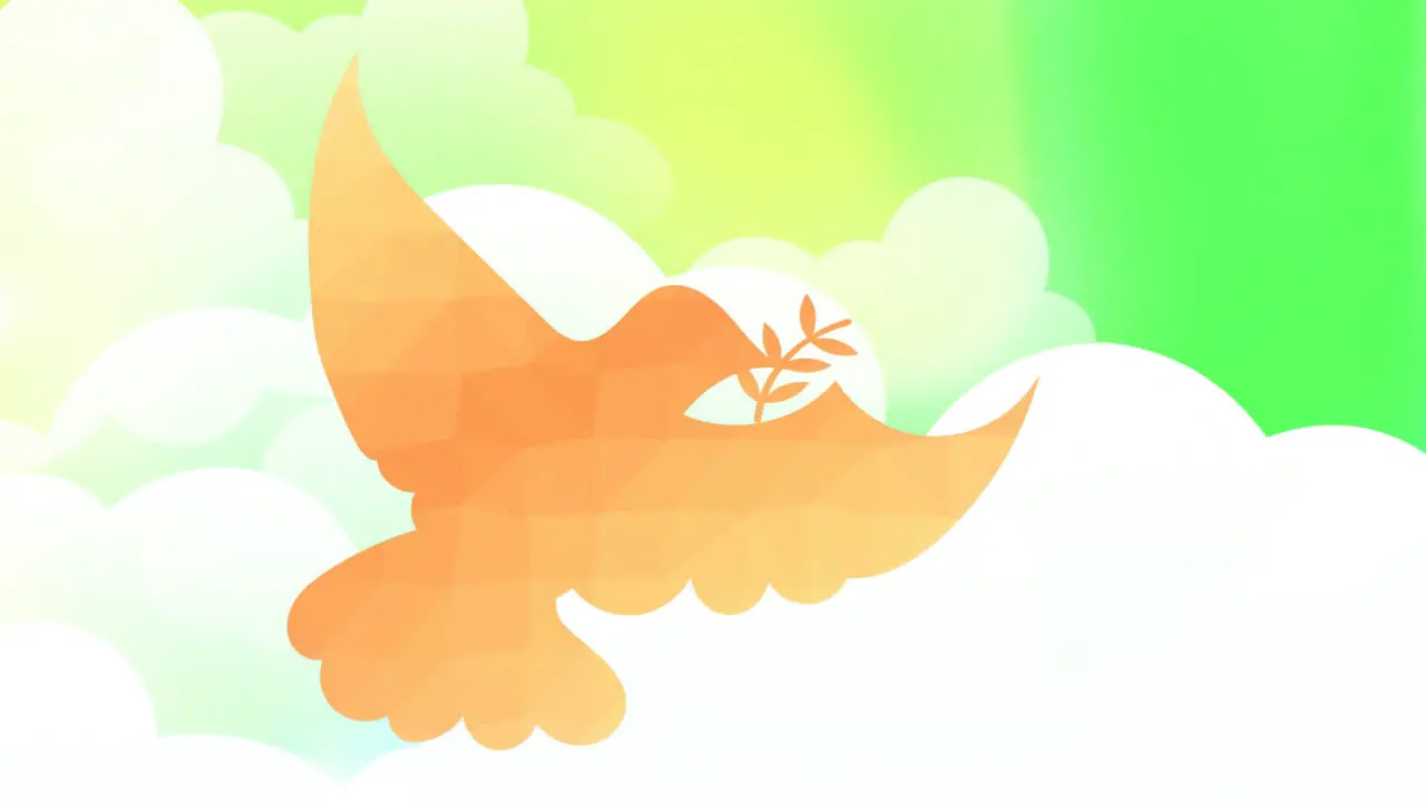 Animation of leaves in beak of flying bird over dense clouds against green background