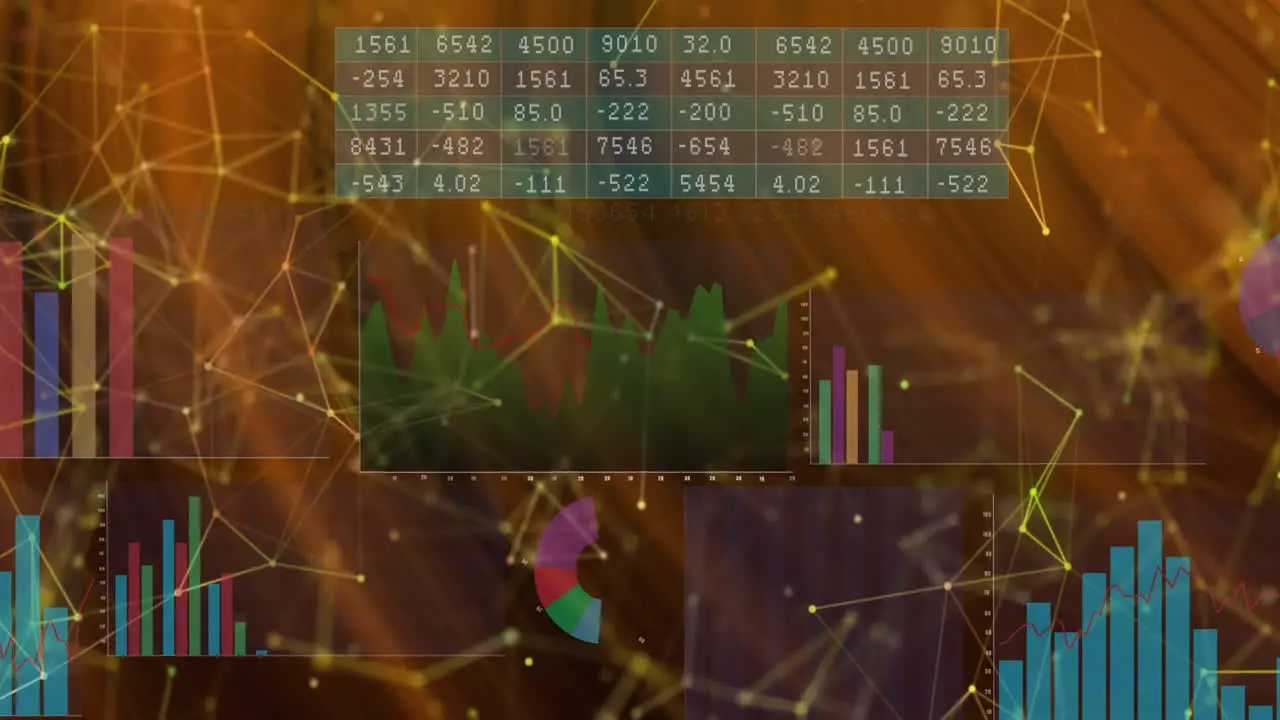 Animation of multicolored graphs number charts and connected dots over abstract background