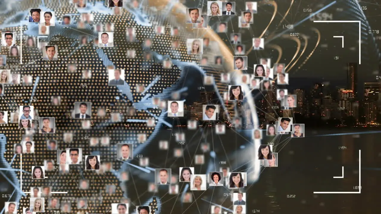 Animation of profile pictures around globe with numbers over abstract background