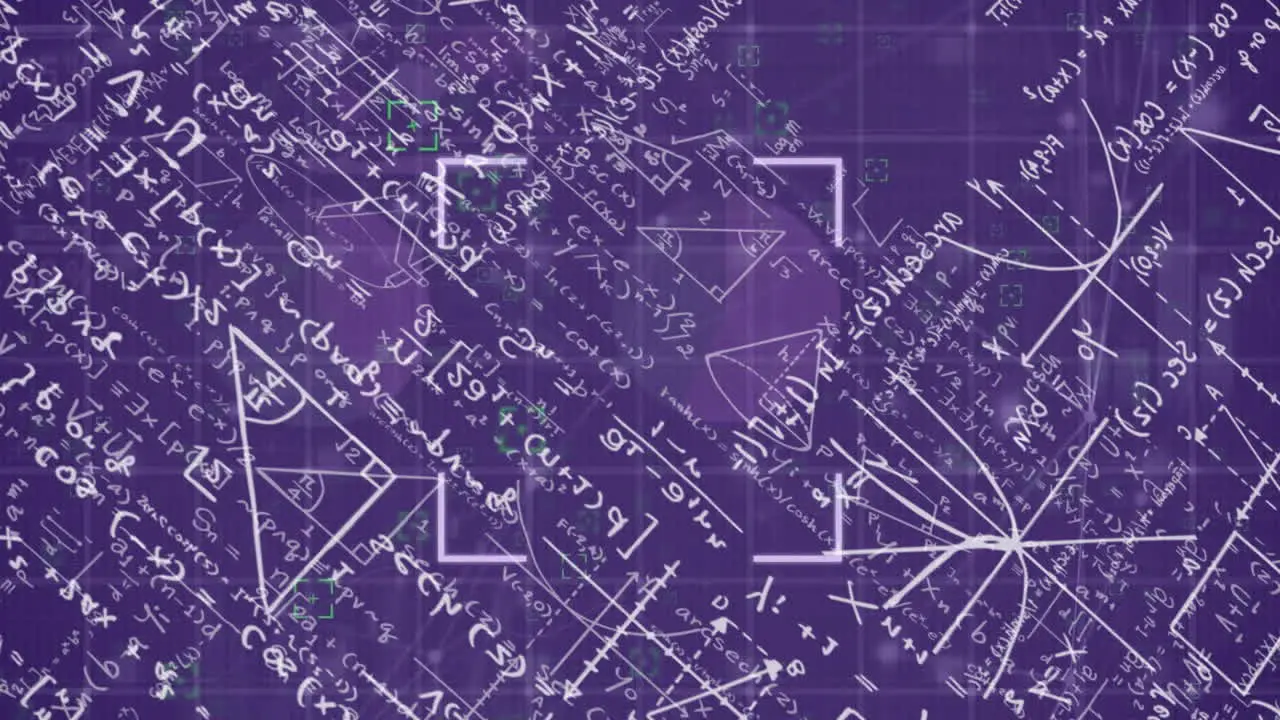 Animation of viewfinder over mathematical equation and diagrams over abstract background