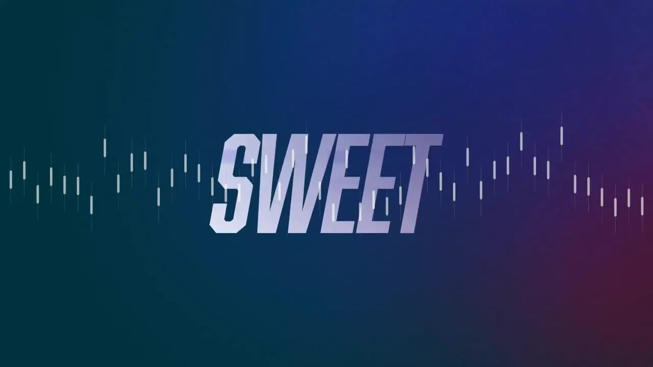 Animation of sweet text with line graph over multicolored lights flash over abstract background