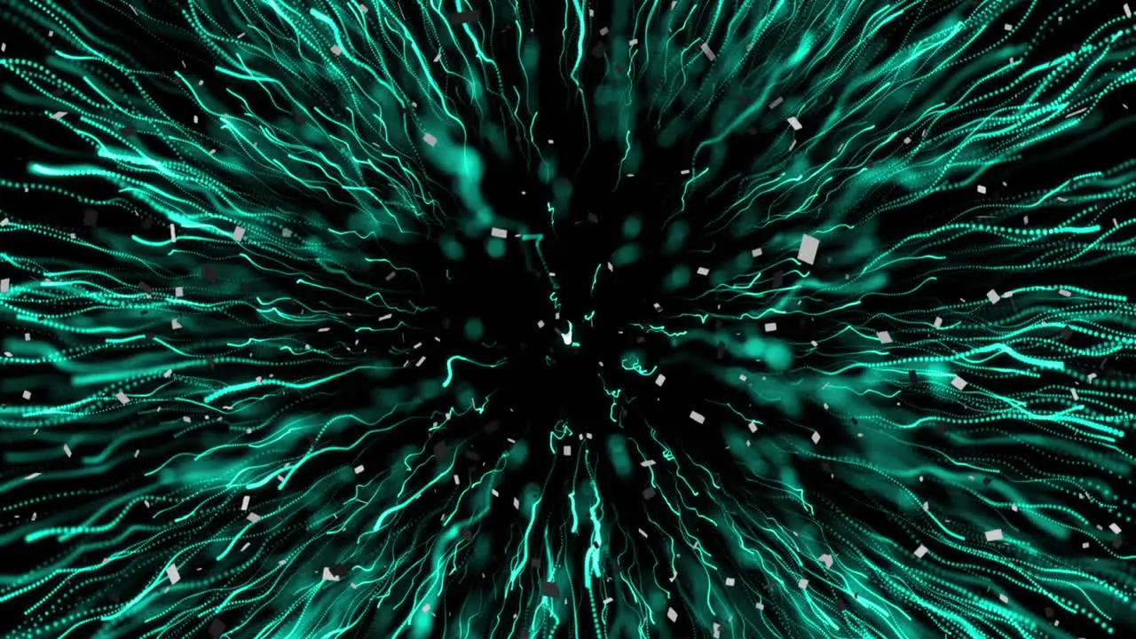 Animation of white particles over green light trails bursting against black background