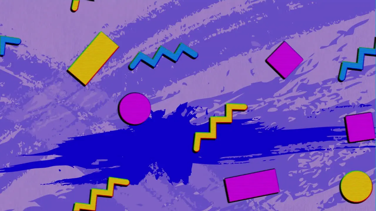 Animation of colorful abstract shapes over changing grunge effect against purple background