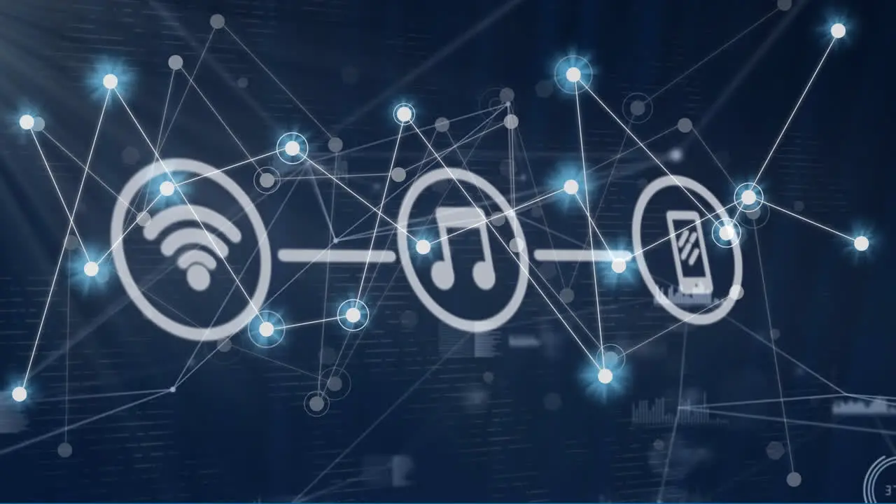 Animation of connected dots and icons with graphs and soundwaves on abstract background