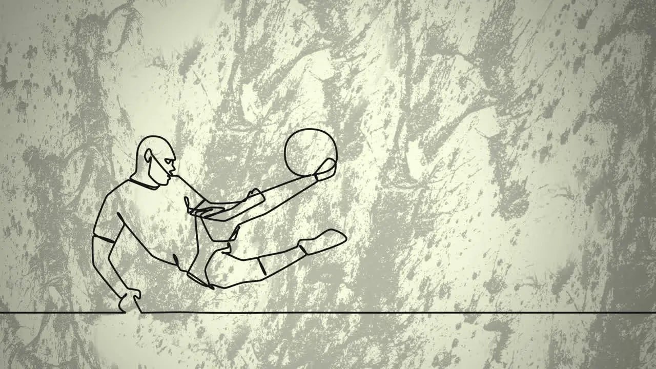 Animation of drawing of male soccer player kicking ball and shapes on grey background