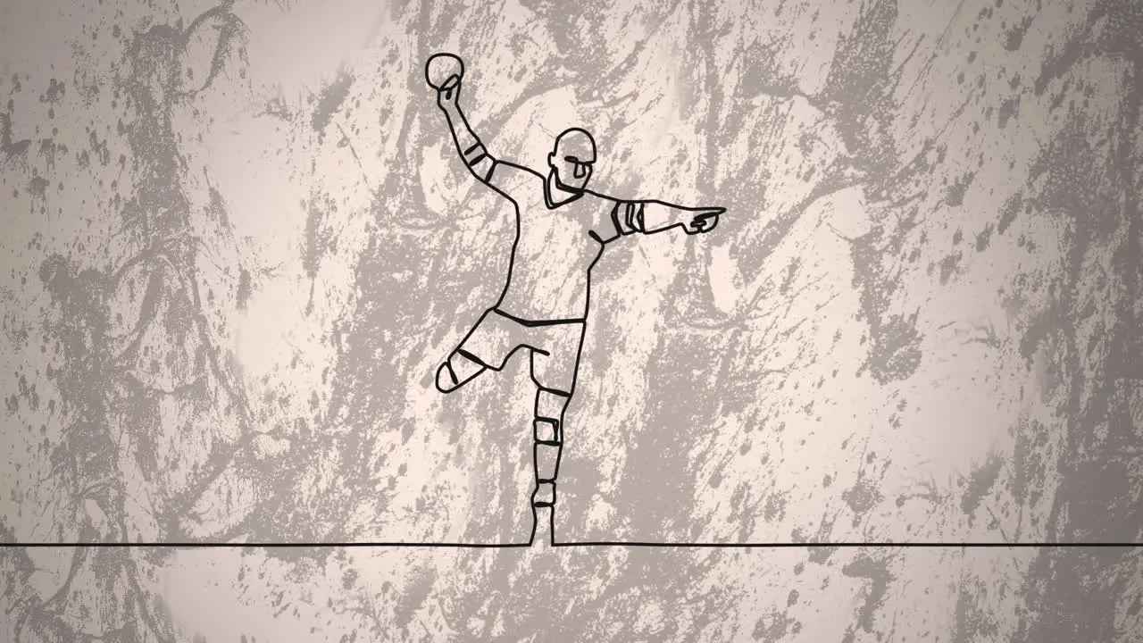 Animation of drawing of male handball player throwing ball and shapes on grey background