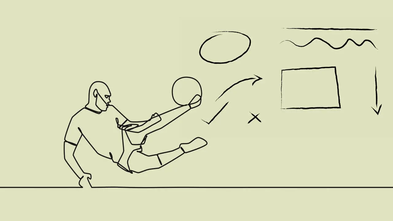 Animation of drawing of male soccer player kicking ball and shapes on beige background