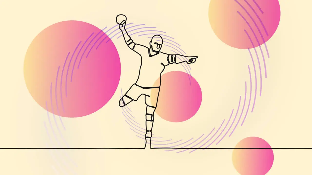 Animation of drawing of male handball player throwing ball and shapes on beige background