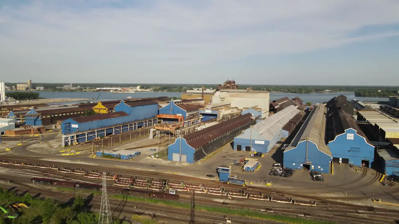 Massive industrial building complex in Michigan aerial drone view