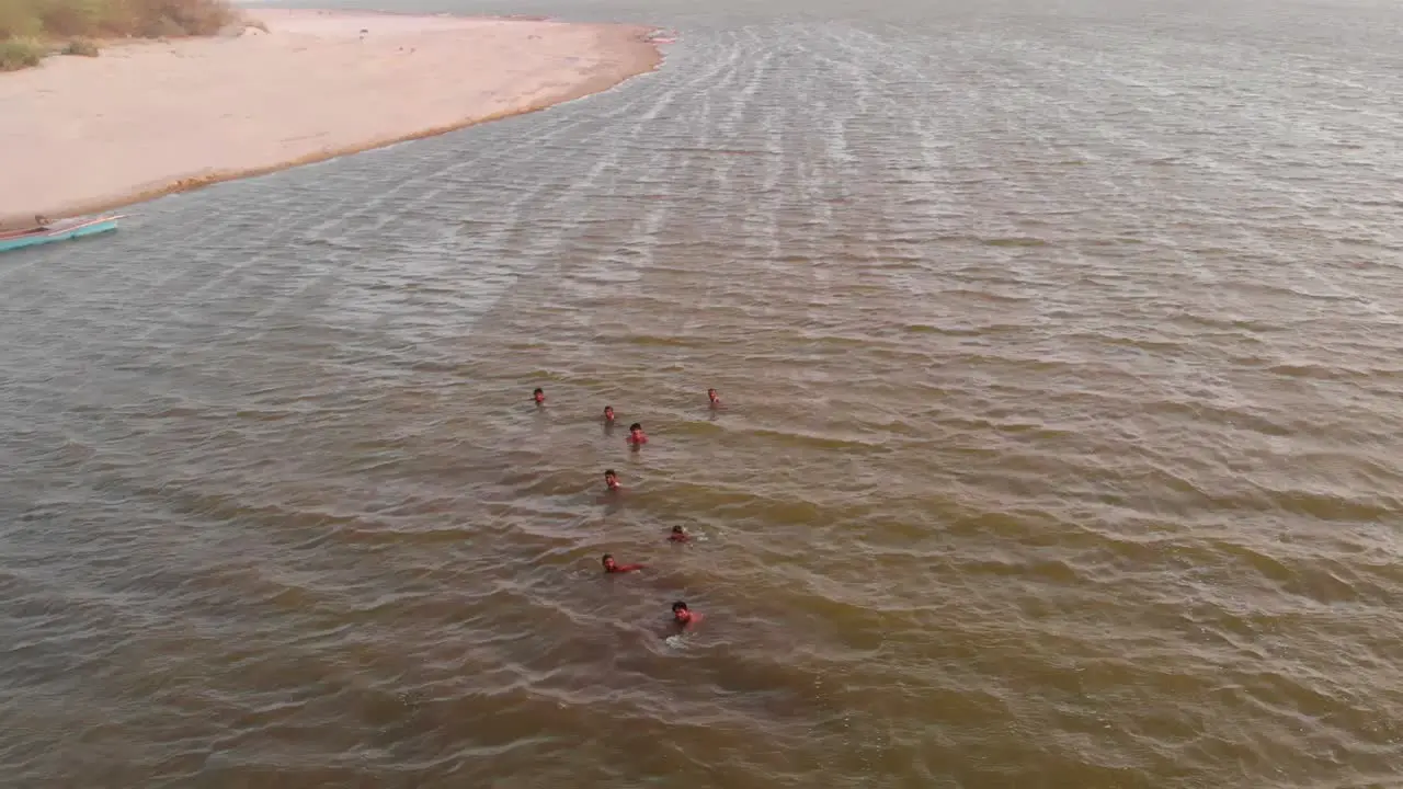 Aerial View Of Male Rescuers Practising Flood Rescue Training In Balochistan