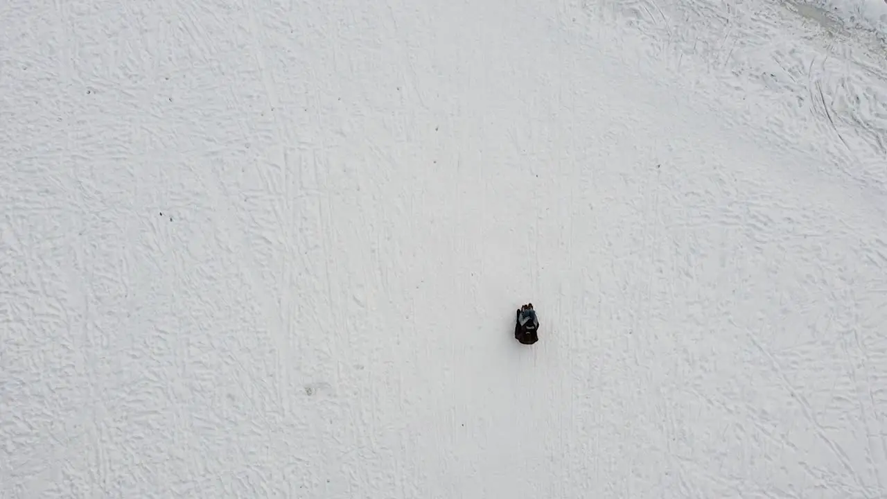 Couple sliding down hill on sledges towards frozen lake coastline in aerial