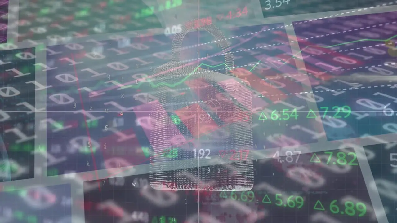 Animation of digital padlock and screens over financial data