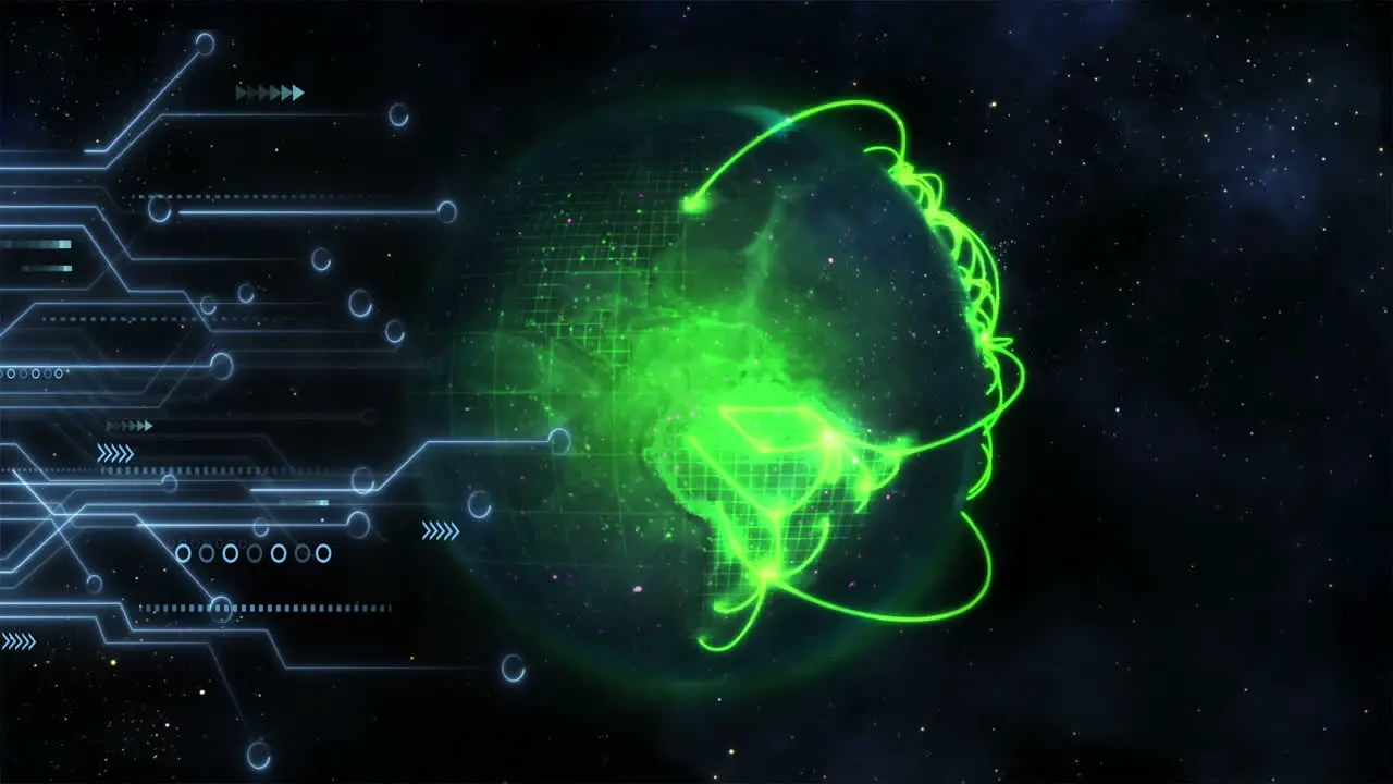 Animation of microprocessor connections against green light trails over spinning globe in space