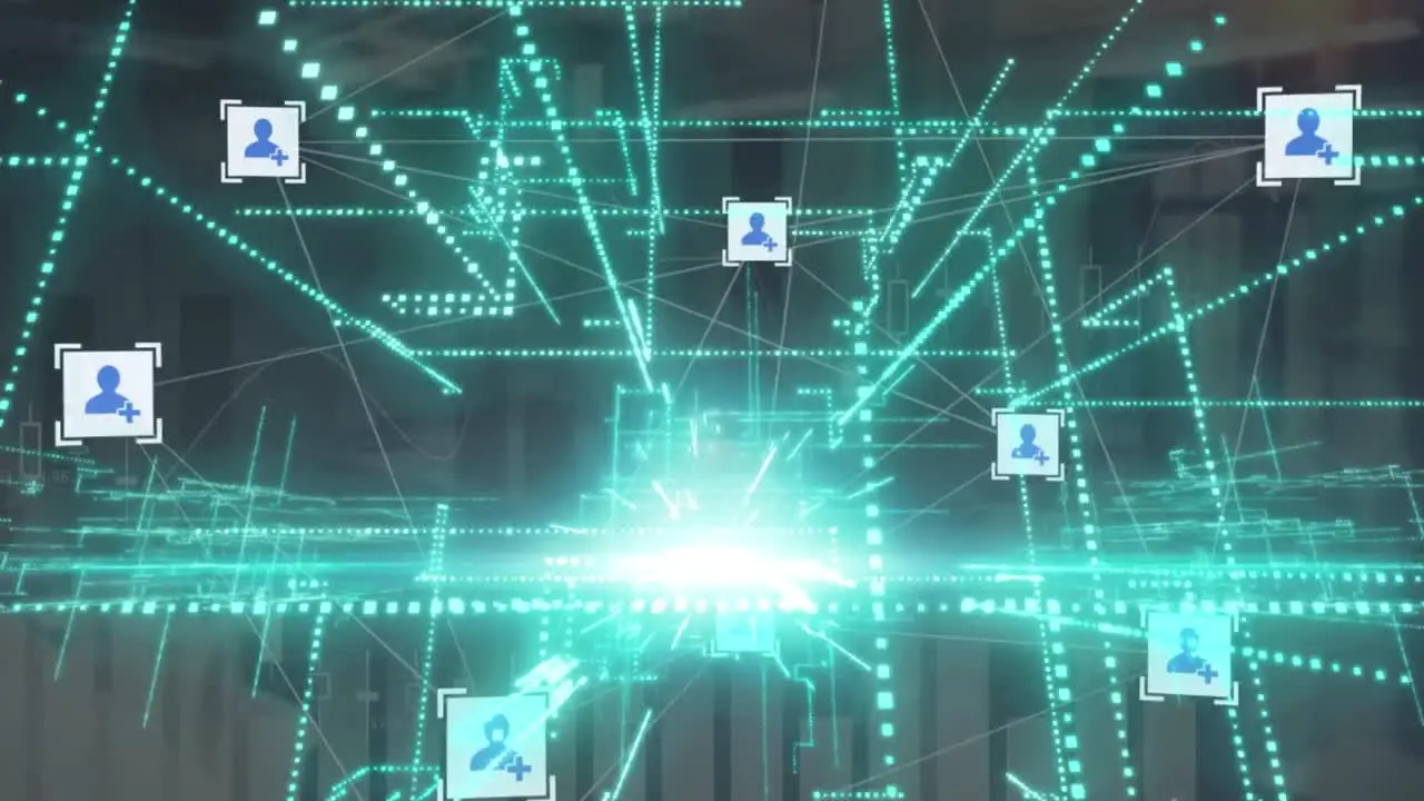 Animation of green light trails and network of profile icons over statistical data processing